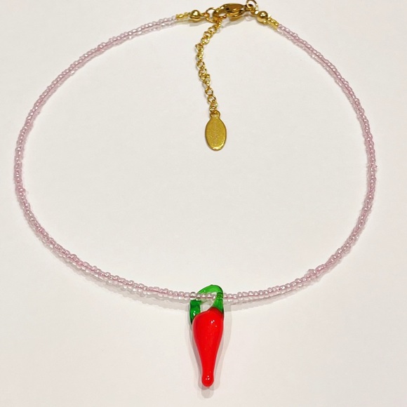 Handmade unique pepper lamp work charm & light pink glass seed beads necklace - Picture 3 of 4